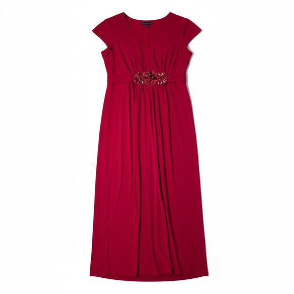 Tiana B. Dresses & Skirts - Tiana B. Ruby Red Cap Sleeve V-Neck Maxi Dress with Embellished Waist - Size L